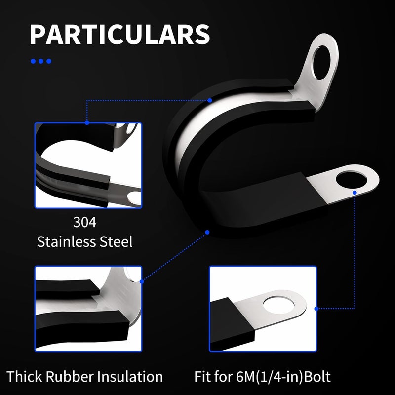 OXCANO 20Pcs 3/8" Fuel Line Tubing Mounting Clamps 304 Stainless Steel Cable Clamp, Rubber Cushioned Insulated Metal Clamp, Tube Holder Automotive Cable Wire Clamps for Tube Pipe or Wire Cord Installation - Image 2